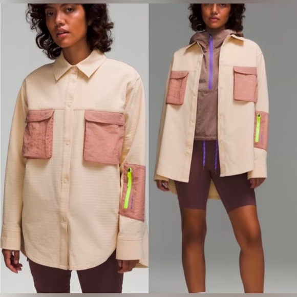 Lululemon Grid Fleece Hiking Overshirt Womens Size 2 Khaki W Pockets Zip